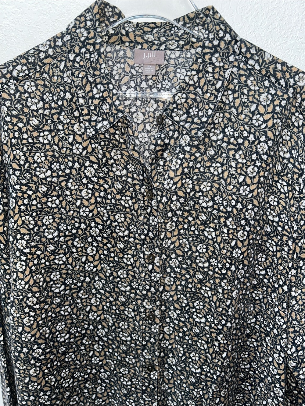J. Jill Linen Earthy Floral LS Button-Down Shirt Plus 2X MISSING CUFF BUTTON